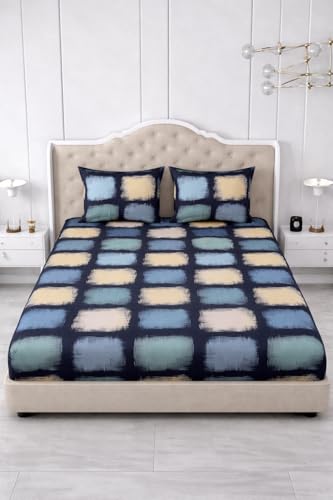 Image of 300 TC Cotton Feel Glace Cotton Elastic Fitted Bedsheet for King Size Double Bed | Fits up to 8 Inch Mattress | Printed Bedsheet with 2 Pillow Covers (Navy Blue, King Size - 72 inchx78 inch)