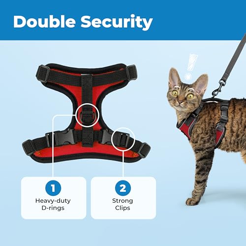 Image of Voyager Escape-Proof Step-in Lock Cat Harness & 5ft Neoprene-Handle Leash Set All-Weather Mesh with Reflective Stitching for Small to Large Cats by Best Pet Supplies, Black Trim-Red (327), XXS