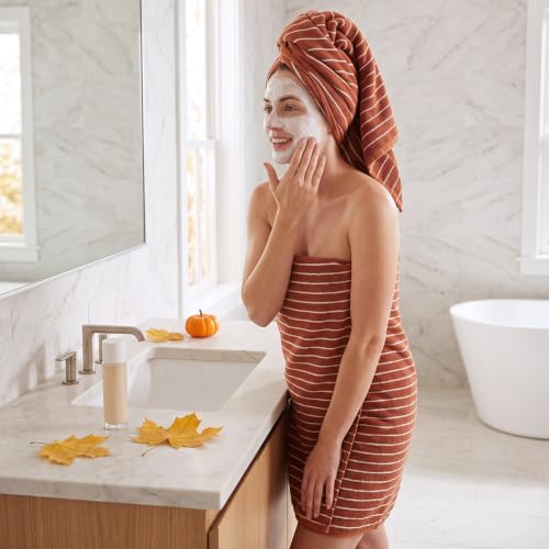 Image of Terracotta Striped Bath Towels Set of 2, Fall Bathroom Decor & Shower Towel