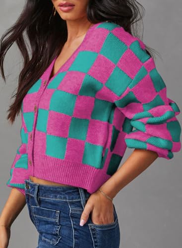 Image of Dokotoo Womens Cardigans Soft Long Sleeve Cable Knit Plaid Cropped Sweaters