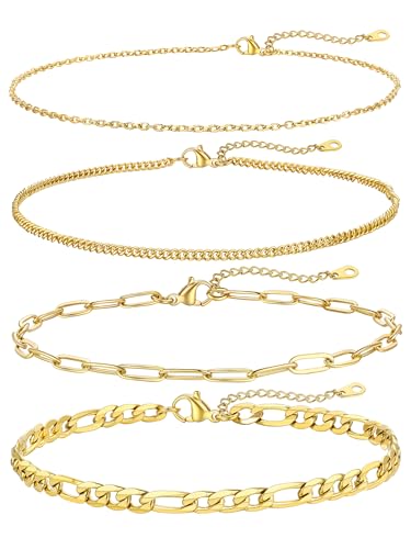 Image of FOCALOOK Anklet Bracelets Set for Women, 14K Gold Plated Waterproof Cuban Link Chain Layered Anklets Set for Plus Size Ankle 8-10.5 Inch Adjustable Summer Beach Jewelry Gift