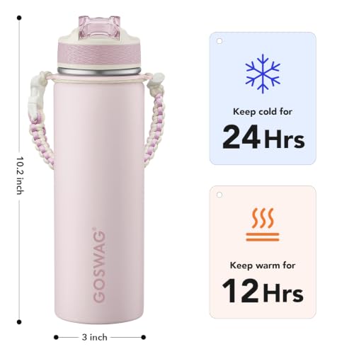 Image of GOSWAG 24oz Insulated Stainless Steel Travel Water Bottle, 2 Lids | with straw and no straw, Paracord handle, Double-wall vacuum keeps drinks cold or hot, Leakproof tumbler