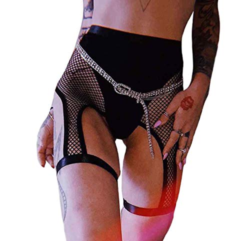 xperry Women Rave Fishnet High Waisted Shorts Briefs Mesh Biker Shorts Garter Belt for Music Festival Events Black