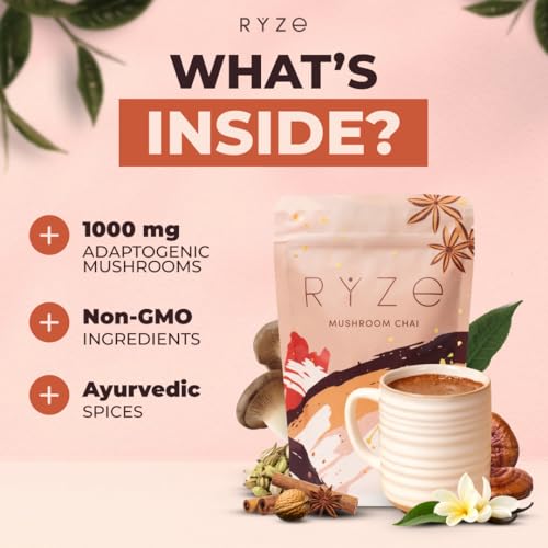 RYZE SUPERFOODS Mushroom Chai with 6 Organic Adaptogenic Mushrooms for Better Energy, Focus, Digestion, Immunity with USA Grown Lion's Mane, Turkey Tail, Shiitake, Reishi - Gluten Free, 20 Servings