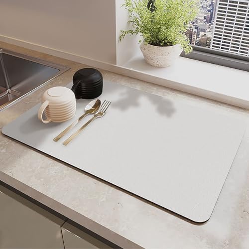 Image of Draining Mat, Kitchen Super Absorbent Draining Mat, Super Absorbent Kitchen Counter Mat, Coffee Machine Mat, Quick Dry Dish Drainer Mat, Anti Slip Drainer Mat for Kitchen Counter , White, 30*50cm