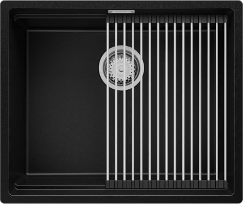 PRIMAGRAN Evier Sous Plan Noir 56x47cm, Evier en Granit 1 bac + Kit de Vidage + Égouttoir Enroulable, Évier al mueble 60cm - Prague S279