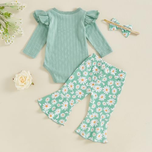 Newborn Baby Girl Fall Winter Outfits Ribbed Long Sleeve Romper Daisy Print Flared Pants Headband Set 0-18 Months3