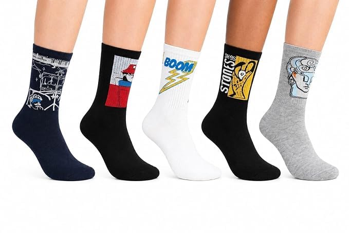 Graphic Pattern Crew Socks for Men & Women | Soft Stretch | Casual Socks | Breathable Mid-Calf Atheleic Socks | Comfortable and Trending for Daily Use | Random Pattern | Pack of 5 Pair-picture-49