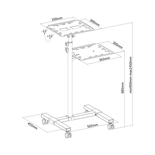 PureMounts PM-PCART-10 - Neigbarer Projektionswagen/Projektionstisch für Beamer und Projektor, flexibel einstellbar (950mm bis 1450mm), feststellbare Rollen, Tragkraft 10kg, Farbe schwarz