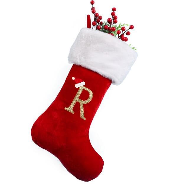 SherryDC 20 Inches Monogram Christmas Stockings Letter R, Soft Velvet Plush Cuff Embroidered Xmas Stockings Decorations for Family Holiday Season Decor