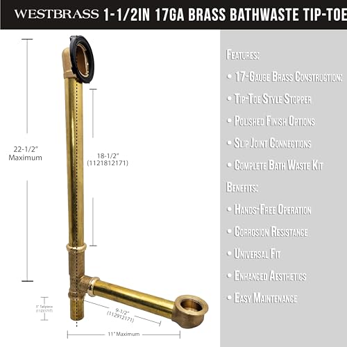 Vidage de baignoire Lift & Turn Westbrass avec trop-plein chrome poli - 6