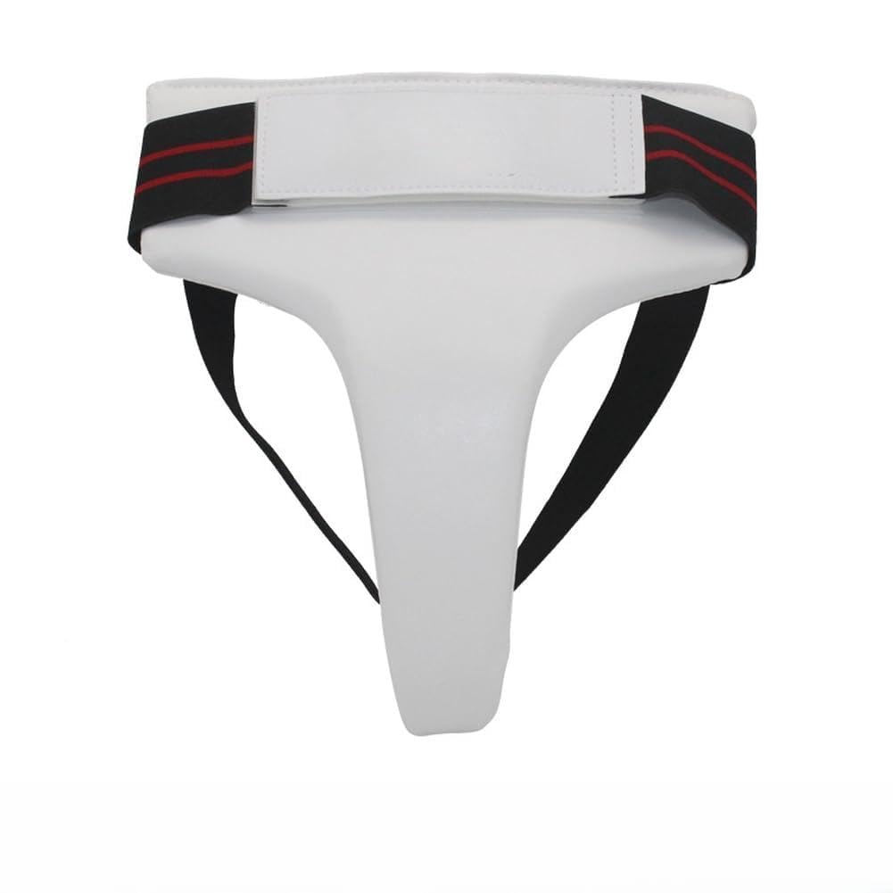 Protège-aine de boxe en cuir PU pour homme et femme – Sangles réglables Design bonnet profond pour entraînement Muay Thai Blanc Noir 23 cm