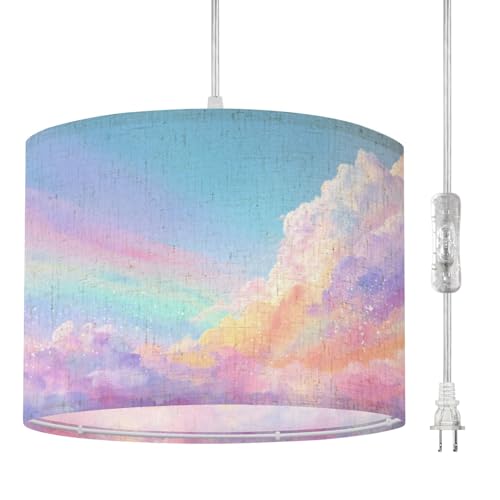 JITHCG Plug in Pendant Light Dreamy Boho Rainbow Clouds Wall Art Soft Watercolor Hanging Lamp with Clear Cord Fabric Shade Dimmable for Bedroom Kitchen Island Living Room Light Fixtures