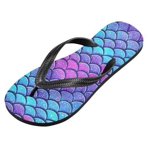 ALAZA Blue-purple Scales Mermaid Flip Flops for Women Fashion Beach Slippers Comfort Mens Flip Flops Non-Slip Rubber Shower Slippers Sandal for Hotel Travel Sport,XS2