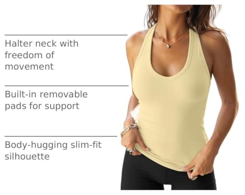Image of Darong Womens Ribbed Halter Neck Tank Top with Built in Bras Summer Clothes