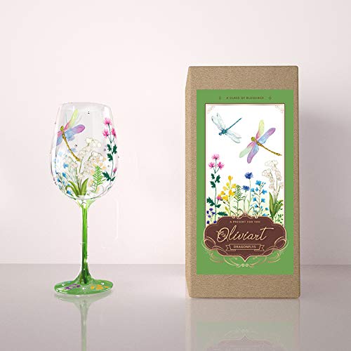 NymphFable Hand-Painted Wine Glass Colorful Dragonfly Flowers Artisan Painted Glass Novelty Gift for Friends Family 15oz