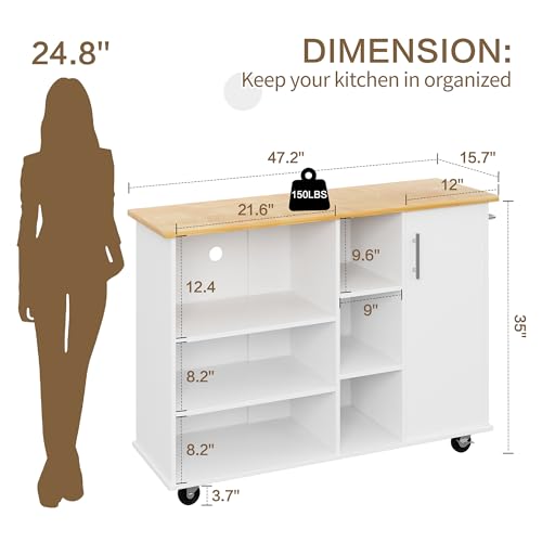 SUNLEI Kitchen Island on Wheels with Storage Cabinet & Drawer, 47.2" Large Kitchen Cabinet with Open Shelves, Cart Handle for Towel Rack or Free Mobility, Portable Islands for Kitchen(White)