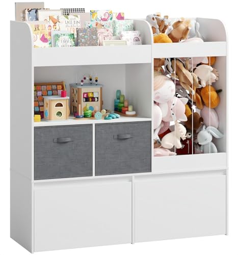 VortinT Kids Bookshelf, Stuffed Animal Storage with Play Mat, Wooden Toy Storage Organizer with 2 Movable Drawers and 3 Tier Bookshelf for Kids Room, Playroom, Nursery, Easy Assembly, White