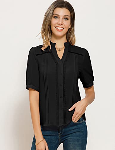 Women's Summer Casual Tops V Neck Chiffon Blouse Puff Short Sleeve Dressy Tops Black M #TOP1
