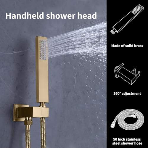 Set de ducha con grifería de techo 20x14 pulgadas, cabezal de ducha LED, válvula termostática con pantalla de temperatura y combinación de dos cabezales de ducha de pared de 8 pulgadas y ducha de mano (oro cepillado) miniatura 6
