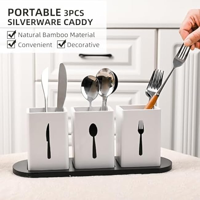 GEHE 3Pcs Silverware Caddy Utensil Holder for Countertop, Utensil Caddy for Parties, Flatware Organizers with Tray, Silverware Caddy Organizer Holder for Forks, Spoons, Knives, White