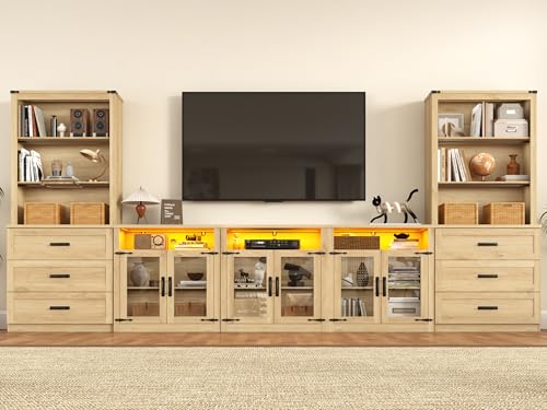 chartustriable 157" W 4-Piece Entertainment Center with Bookshelves for TVs up to 100", Farmhouse Wall Unit TV Stand with Doors & Drawer, Media Console Table for Living Room, Bedroom, Oak