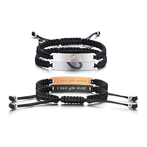 MEALGUET I Love You More I Love You Most Engraved Hidden Message Couple Bracelet Handmade Braided Magnetic Matching Heart His Hers Bracelets Stainless Steel ID Bar Macrame Cord Rope Bracelet