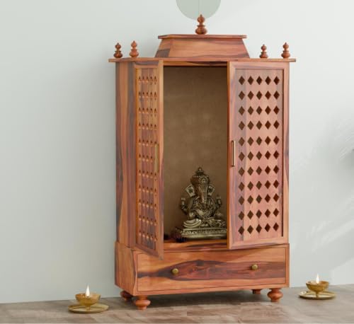 Image of Solid Sheesham Wood Temple for Home & Office /Mandir /God Stand /Pooja Stand /Home Mandap /Mandapam with Cabinet Doors & Multiple Storage (Honey-1, Large)