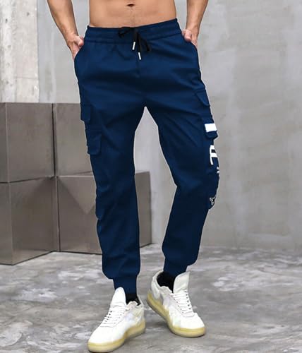 Image of Kraasa Men Printed Cotton Blend Slim Fit Regular Cargo Joggers