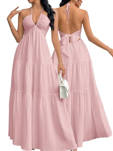 Image of Narecte Women's Maxi Summer Dresses Halter V Neck Beach Dresses for Women A-Line Casual Dress for Vacation