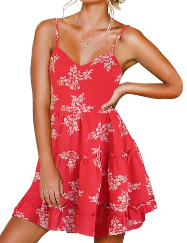 Image of FANCYINN Women Floral Casual Tiered Mini Dresses Spaghetti Strap V Neck Backless A Line Swing Short Dress with Pockets