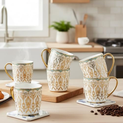Image of Clay Craft Fine Ceramic Tea & Coffee Cups Set with Gold Detailing| 210 Ml Elegant Designer Cups for Home & Gifting | Premium Finish| Classic Pattern| Comfortable Handle
