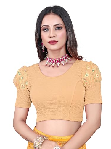 Image of Shreeji Designer Round Neck Cotton Lycra and Net Fabric Fully Stretchable Baloon Sleeve Designer Readymade Blouse for Women