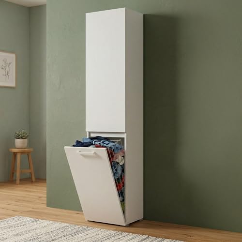 CARATTERISTICHE TECNICHE - Prodotto composto in pannello melaminico, materiale resistente agli urti e i graffi, duraturo nel tempo ed impermeabile - Armadio fornito di sistema di chiusura push pull per l'anta superiore e di guide in metallo telescopiche per il vano inferiore - Articolo d'arredamento dotato di cerniere metalliche e tacchetti ABS antirumore e antigraffio per la parte inferiore del mobile - Cestello portaoggetti o portabiancheria incluso - Pulizia facile e veloce grazie al materiale di cui è composto - Particolare cura e attenzione all'imballaggio, resistente e idoneo al trasporto - Peso massimo supportato per ciascun ripiano: Kg 10