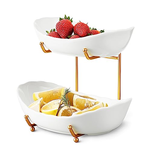 HOMKULA Fruit Bowl for Kitchen Counter - 2 Tier Ceramic Serving Bowls with Metal Stand, Tiered Fruit Basket for Fruit Vegetable Storage, Snack, Nuts, Cake, Dessert
