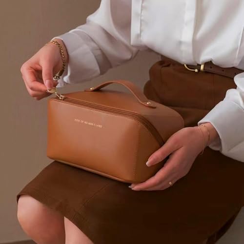 Image of Handcuffs Cosmetic Bag with Handle | PU Leather | Toiletry Pouch | Makeup Storage | Large | Travel | Zipper | Waterproof | Make Up Organizer (Brown)