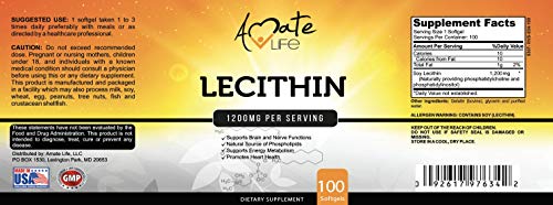 Amate Life Soy Lecithin 1200Mg Capsules Supplement For Heart, Liver & Brain Health – Supports Immune System, Brain Function & Metabolism - Non-Gmo & Made In The Usa- 100 Softgels / 1200Mg #TOP4