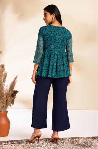 Image of Janasya Women's Solid Shoulder Strap Crop Top with Trouser & Chiffon Floral Printed Shrug