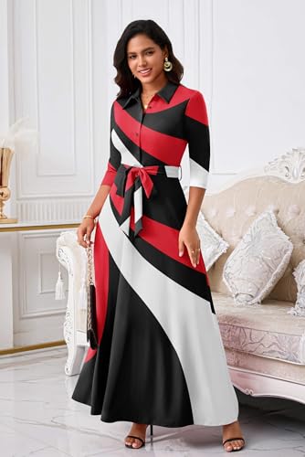 Image of Rumwind Maxi Dresses for Women, 3 /4 Sleeve Shirt Collar Casual Afircan Print Church Dress Button Down with Belt and Pockets