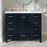 ARIEL Cambridge 42-inch Bathroom Vanity with Sink,Solid Wood, 1.5-inch Pure White Quartz Countertop, Single Rectangular Porcelain Sink, 2 Soft Closing Doors, 9 Dovetail Drawers, Midnight Blue