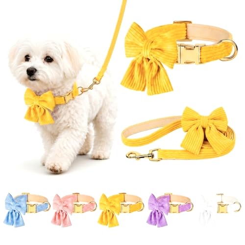 RoseYouth Dog Collar and Leash Set with Bowtie, Soft & Cute Puppy Collar, Cotton Puppy Collar with...