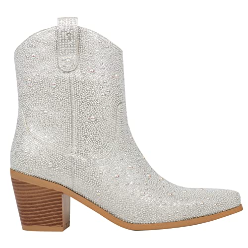 Seborluys Women Rhinestone And Pearl Cowboy Boots Chunky Heel Wedding Cowgirl Boots Glitter Sparkly Ankle Boots Pointed Toe Bridal Western Short Boots Size 6.5,Silver #TOP4
