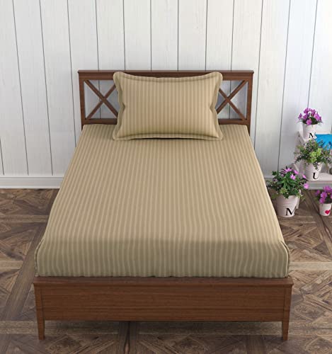 Image of Trance Home Linen Cotton 78X36 Inch Single Fitted 200TC Satin Stripe Elastic Fitted Bedsheet| Bed Size Daily Use Fitted Bedspread With 1 Pillow Covers (78 inchX36 inch|6.5X3 Feet,Brown Grey),Small Single