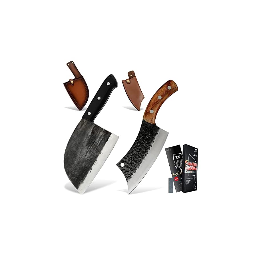 XYJ Full Tang Handmade Forged Serbian Chef Knife 6.7 Inch Butcher Knives 6.2 inch Boning Knife for Camping Hunting with Leather Sleeves
