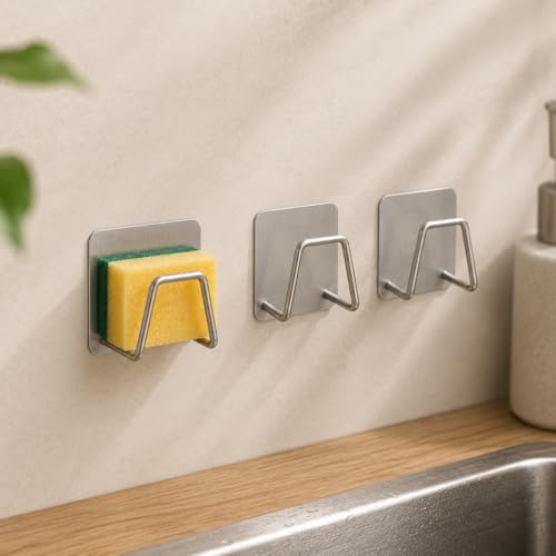 Kit com 3 Suportes para Esponja e Sabonete em Aço Inoxidável, Gancho Adesivo para Pia de Cozinha, Organização Prática e Resistente à Umidade – Qualidade Premium LNMAX®