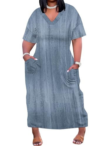 Image of PinkPatty Women's Plus Size Short Sleeve Maxi Dress Casual Loose V Neck Long Dress with Pockets