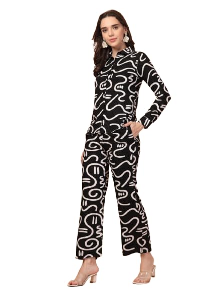 Women’s Rayon Printed Co-ord Set – Casual Button-Down Shirt with Collar & Straight-Fit Elastic Waist Pants – Soft & Breathable Fabric for Brunch, Beach Black-image-49