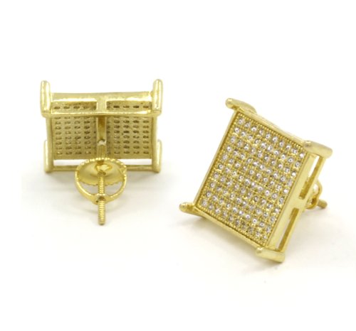 Mens 18Mm Tc10 Gold Tone Cz Micro Pave Table Square Stud Earrings Screw Backs (10 Lines) Table Corner #TOP3
