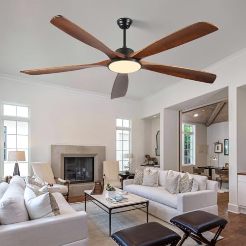 Gecheer 72-inch Outdoor Ceiling Fan with Remote, Dimmable 3-Color Light & 5 Reversible Wooden Blades - Quiet DC Motor, Energy-Efficient, Flush Mount for Patio, Garden, Living Room, Bedroom