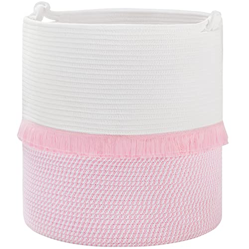 Youdenova Tassel Basket, 55L Blanket Toy Storage Basket, Woven Cotton Rope Basket With Handle, Baby Laundry Hamper Basket For Blankets, Toys And Towels, 16"×17" Pink #TOP6
